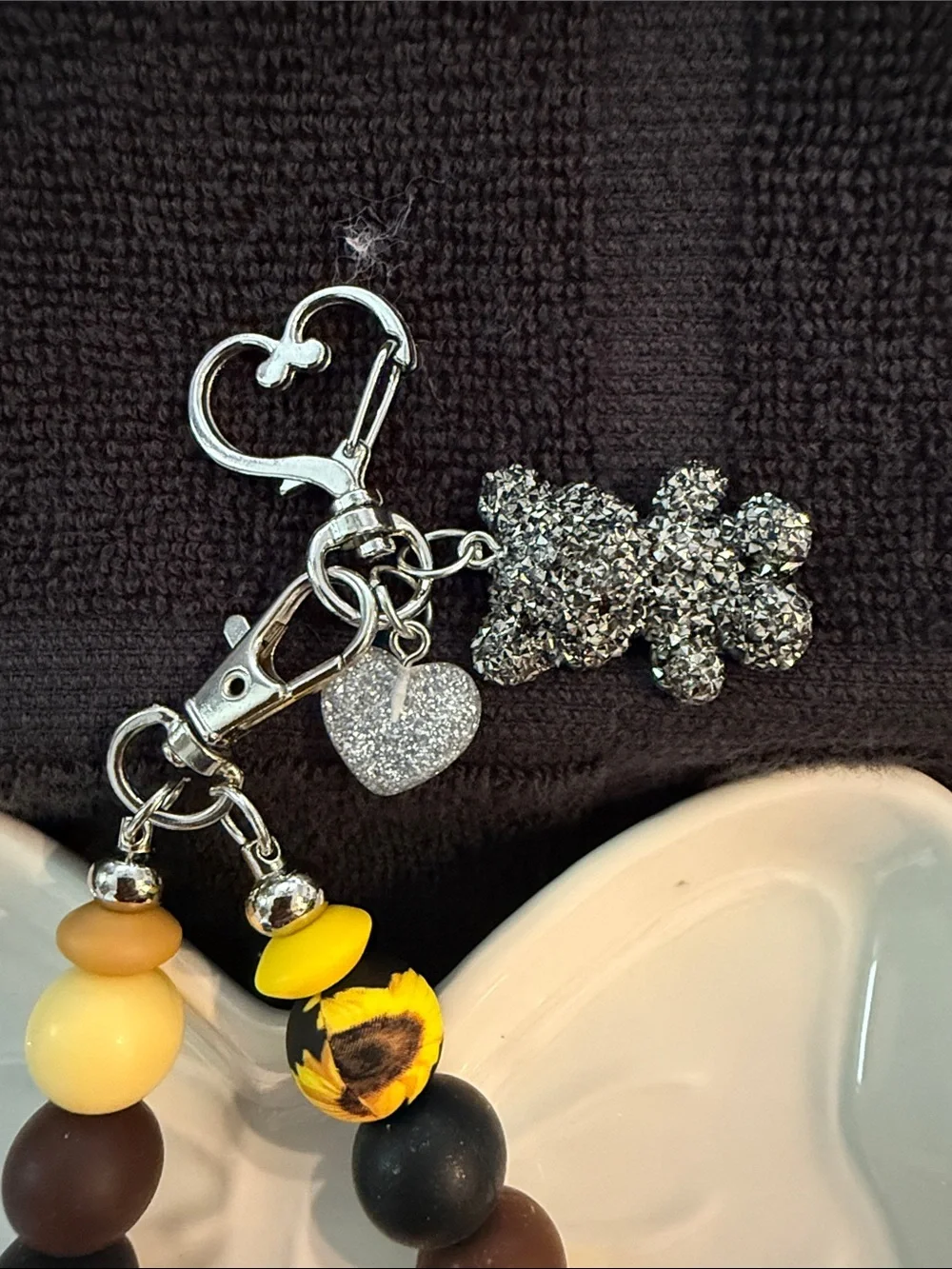 Sunflower Beaded Key & Card Holder Charm - Yellow Brown Black